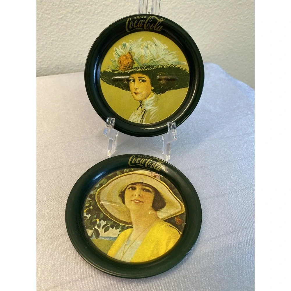 COCA COLA Set 6 Metal Tin Coasters Victorian Calendar Ladies Green 1983 Coke